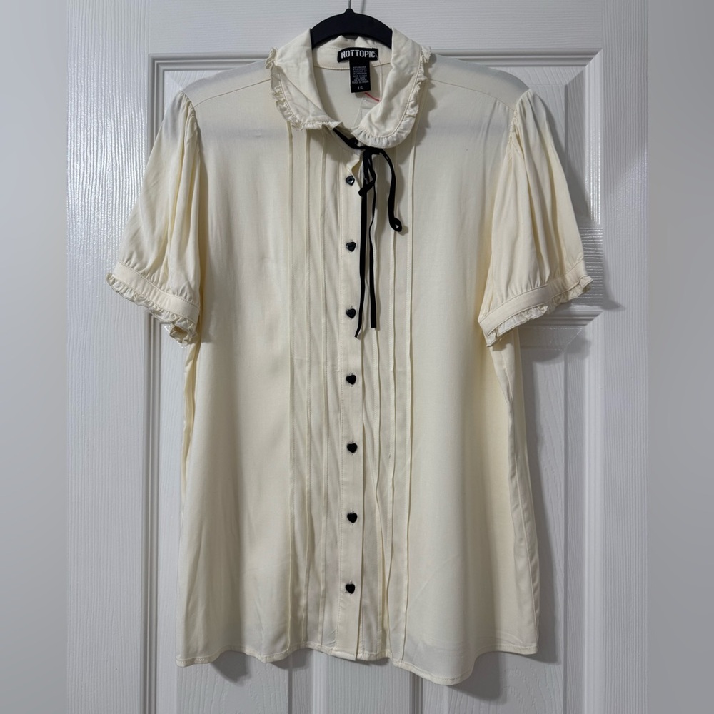 Hot Topic Antique White Ruffle Bow Woven Button-Up ✨NWT